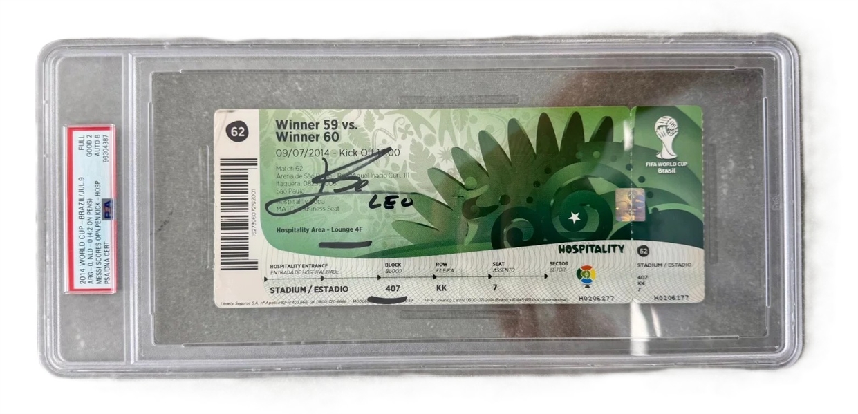 Lionel Messi Signed 2014 World Cup Semi-Finals Full Ticket, Messi Scores Opening Penalty Goal! - PSA 2 Auto 8 POP 1!