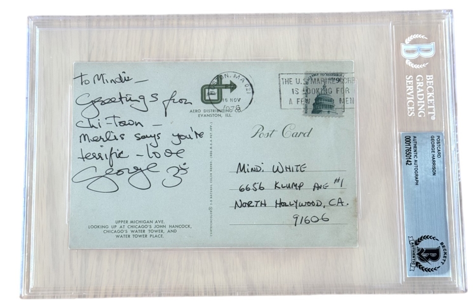 The Beatles: George Harrison Signed & Handwritten Postcard (Beckett/BAS Encapsulated)