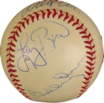 Boston Legends: Bird, Orr, Ortiz, Damon Signed OML Baseball(4 Sigs)(Beckett/BAS)