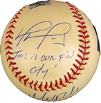 Boston Legends: Bird, Orr, Ortiz, Damon Signed OML Baseball(4 Sigs)(Beckett/BAS)