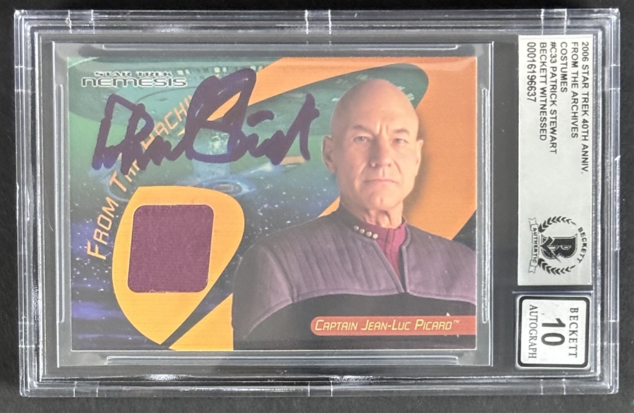 Patrick Stewart RARE Signed 2006 Star Trek 40th Anniversary From The Archives Costume Card with GEM MINT 10 Autograph (Beckett/BAS Witnessed & Encapsulated)