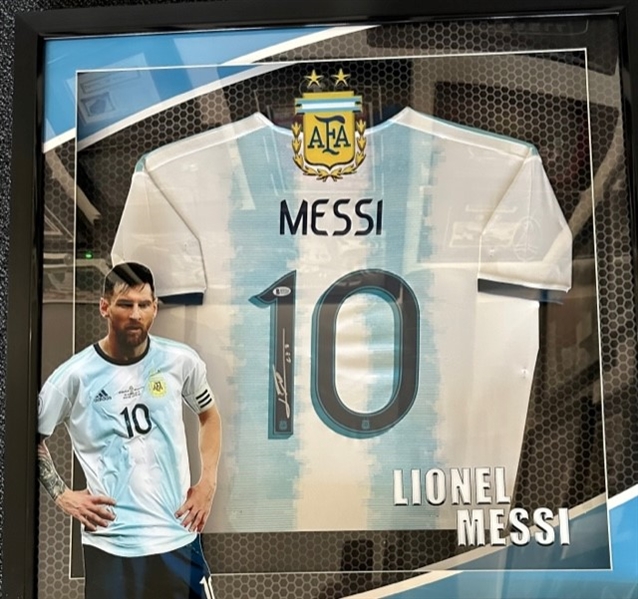 Lionel Messi Signed Argentina National Team Jersey in Beautiful Custom Framed Display (Beckett/BAS COA)