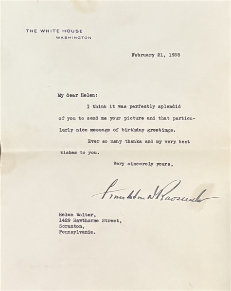 Franklin D. Roosevelt Signed 1935 White House Letter (Third Party Guaranteed)