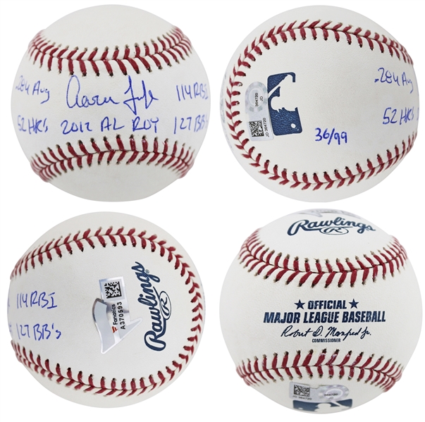 Aaron Judge Signed Limited Edition OML Baseball with 2012 Rookie Year Handwritten Stats (MLB & Fanatics Holos)