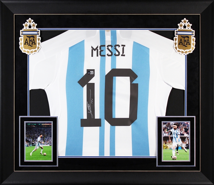 Lionel Messi Signed Argentina Jersey in Custom Framed Display (Beckett/BAS LOA)