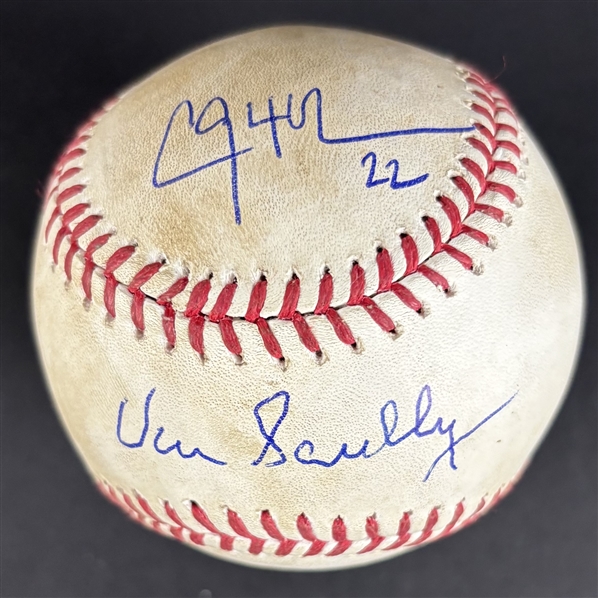 Dodgers Greats: Vin Scully & Clayton Kershaw Game Used & Dual Signed OML Baseball :: 9-2-14 vs Nationals :: Ball Pitched by Kershaw (PSA/DNA & MLB Authentication)