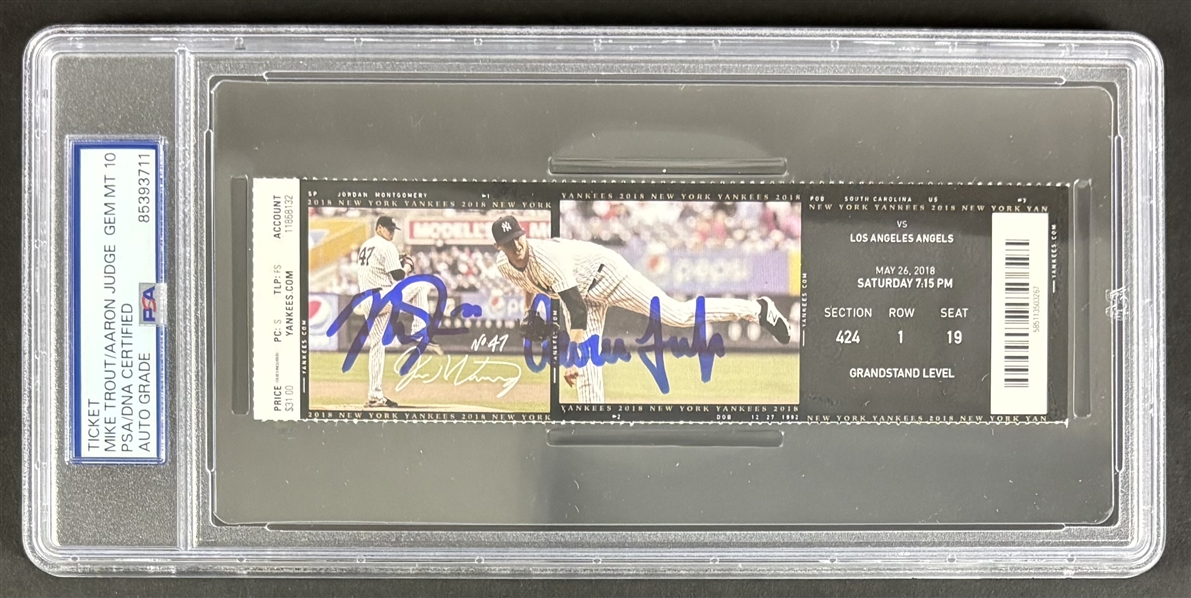 Aaron Judge & Mike Trout Signed 2018 Yankees vs. Angels Game Ticket w/ Gem Mint 10 Auto! (Trout & Judge HR Game!)(PSA/DNA Encapsulated)