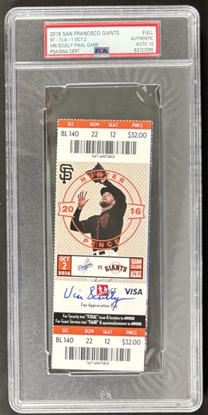 Vin Scullys Last Call: Vin Scully Signed Final Dodgers Broadcast 2016 Ticket w/ Gem Mint 10 Auto! (PSA/DNA Encapsulated)