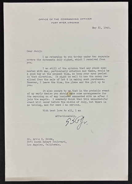 George Patton Signed Typed Letter w/ Great Content RE: War Time Stocks & Possible Death in Battle (University Archives)