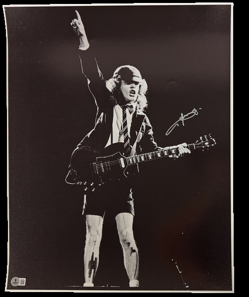 AC/DC: Angus Young Signed 16" x 20" B&W Photograph (Beckett/BAS LOA)