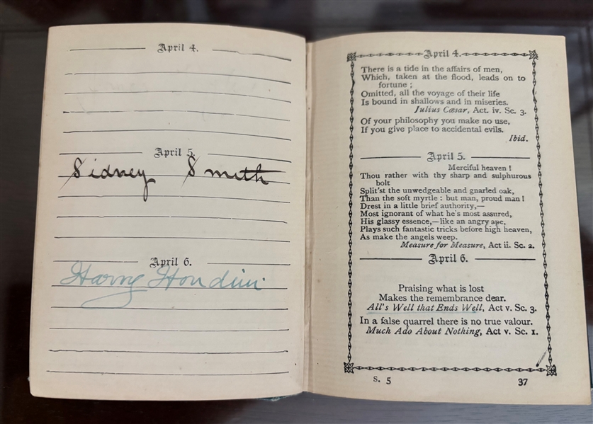 Harry Houdini Signed Shakespeare Birthday Book (JSA LOA)