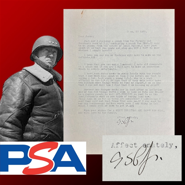 General George S. Patton Typed Signed Letter with GREAT Content RE: Disdain for Democrats & Investing in Land (PSA/DNA & University Archives LOAs)