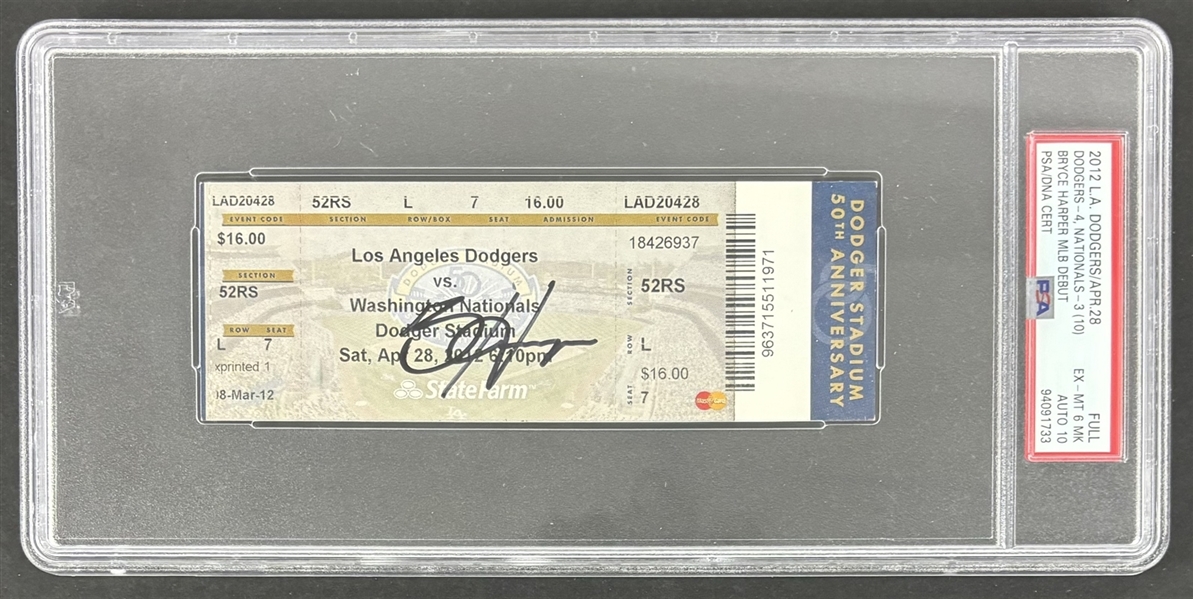 2012 MLB Debut LA Dodgers Bryce Harper Signed Full Ticket w/ Gem Mint 10 Auto! (PSA Encapsulated)