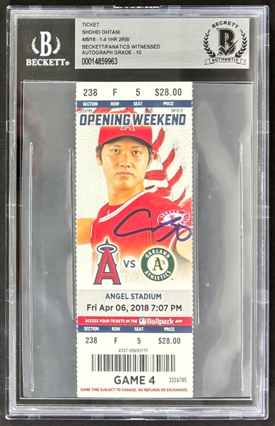Shohei Ohtani Signed 2018 Opening Weekend Ticket w/ Gem Mint 10 Auto! :: 1HR $ 2 RBIs (Beckett/BAS Encapsulated)(Fanatics)(MLB)