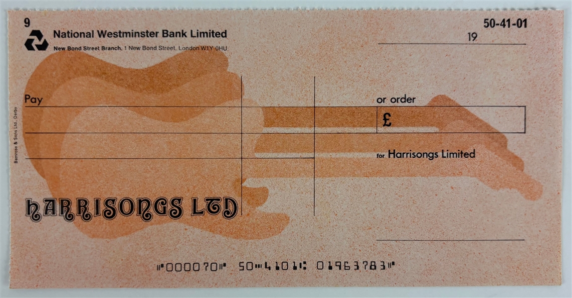 George Harrison Blank "Harrisongs" Bank Check