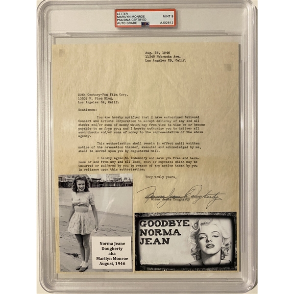 Marilyn Monroe Early Signed Contract as "Norma Jean Dougherty" w/ Mint 9 Auto! (PSA/DNA Encapsualted & LOA)