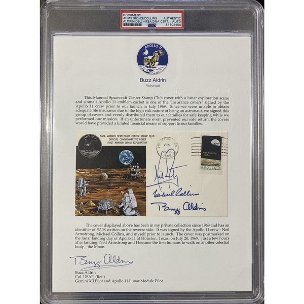 Apollo 11 Crew Signed Insurance FDC w/ Buzz Aldrin Signed Collection Letter (PSA/DNA LOA)