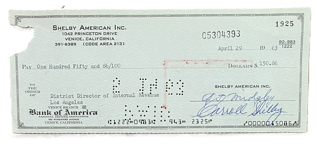 Mustang: Carroll Shelby Signed 1963 Check During Cobra-Ferrari Le Mans Wars to the IRS! (TPA Guaranteed)