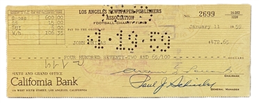 Johnny Unitas Signed 1959 Pro Bowl Game Check Days Following The Greatest Game Ever Played NFL Championship Game! (Third Party Guaranteed)