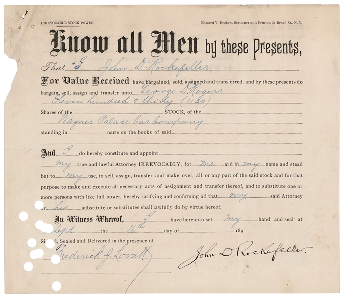 John D. Rockefeller Near-Mint Signed Rare Stock Transfer of Wagner Palace Car Company (Third Party Guaranteed)