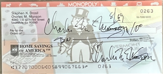 Charles Manson Signed 1969 'Monopoly Themed Personal Check (Beckett/BAS Encapsulated)(JSA)