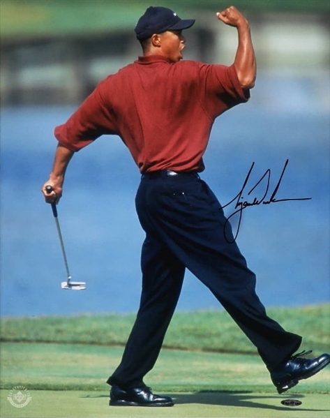 Tiger Woods Near-Mint Signed 16" x 20" Fist Pump Red Sunday Photograph (Upper Deck/UDA & Beckett/BAS)