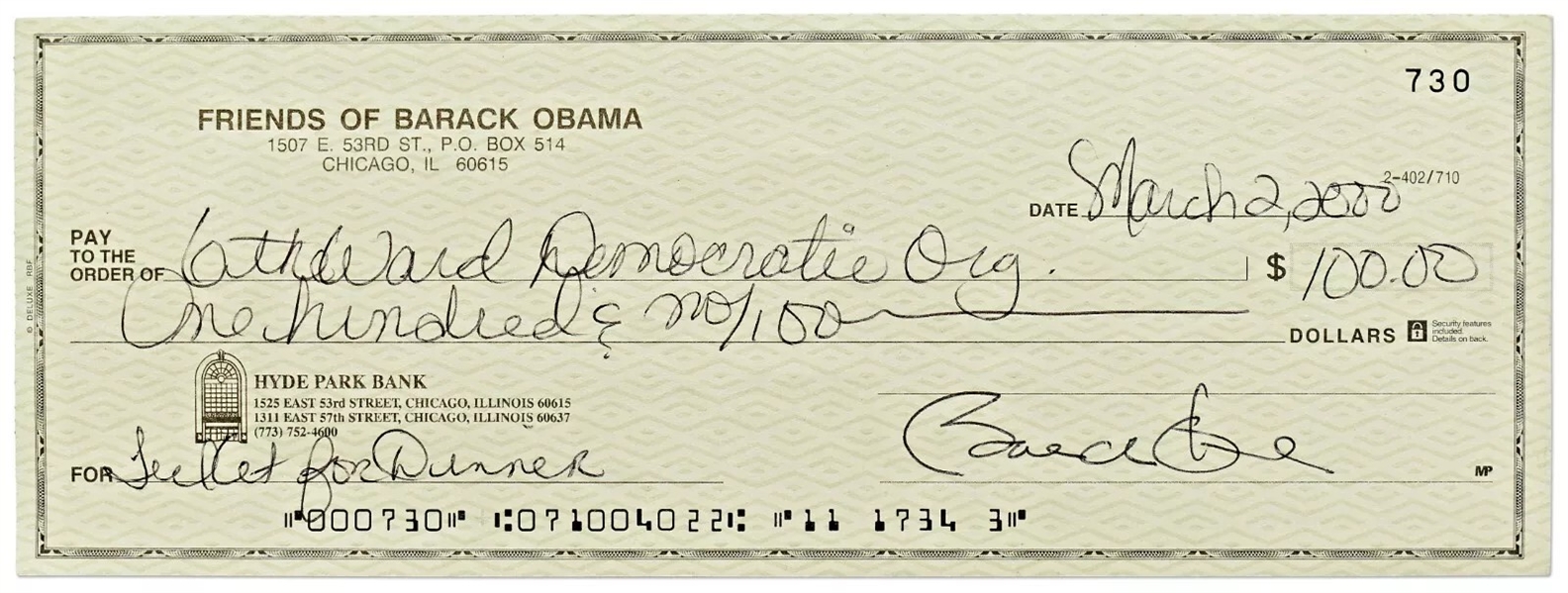 President Barack Obama Near-Mint Signed 2000 Personal Bank Check To Chicago 6th Ward Democratic Organization! (Third Party Guaranteed)