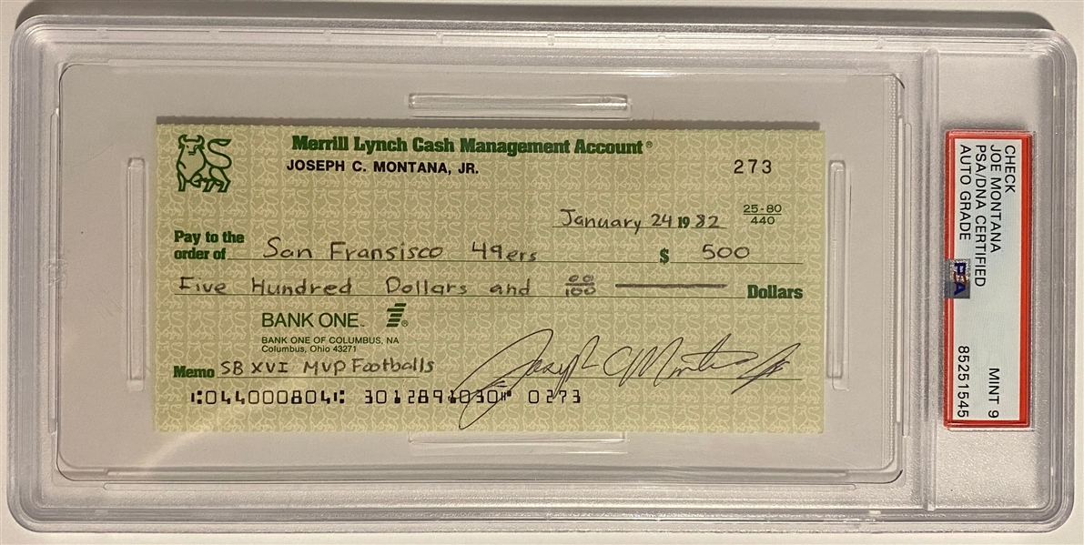 Joe Montana Signed 1982 Personal Bank Check for "SB XVI MVP Footballs" with Rare Full-Name Signature (PSA | Autograph Graded 8)