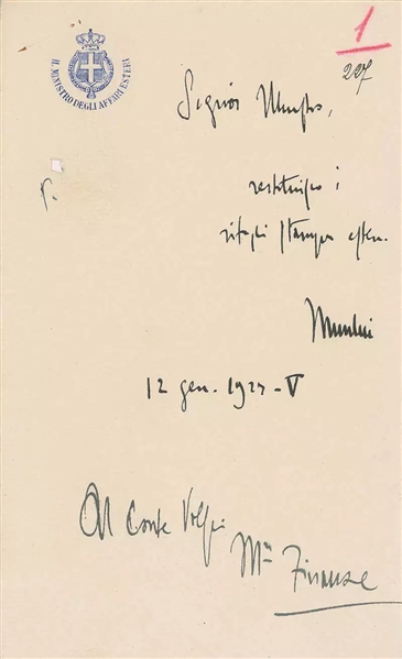 Benito Mussolini Near-Mint Signed & Handwritten 1927 Letter w/ PERFECT GEM MINT 10 Autograph! (Beckett/BAS GEM MINT 10)