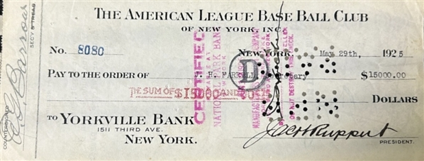 Jacob Ruppert & Ed Barrow Dual Signed 1925 New York Yankees Check for Purchase of Murders Row Keystone Mark Koenig! (Third Party Guaranteed)
