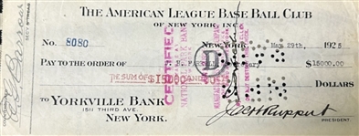 Jacob Ruppert & Ed Barrow Dual Signed 1925 New York Yankees Check for Purchase of Murder's Row Keystone Mark Koenig! (Third Party Guaranteed)