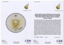 Queen: Roger Taylor's Personal Stage Played & Signed Remo Drumhead Used During Legendary 1992 Freddie Mercury Tribute Concert at Wembley Stadium in London (Tracks UK & Beckett/BAS)