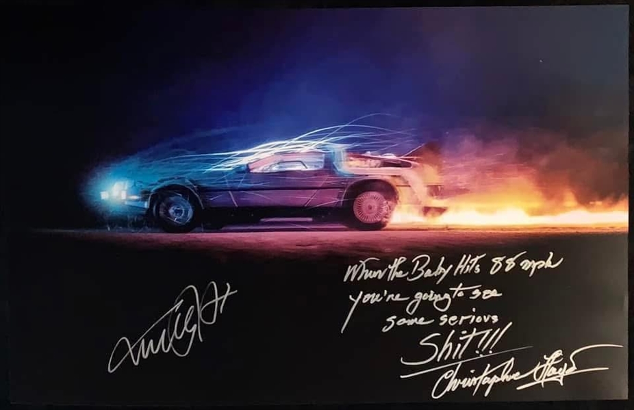 Michael J. Fox & Christopher Lloyd Signed 20x30 DeLorean Photo – Epic Christopher Lloyd Inscription! (ACOA)