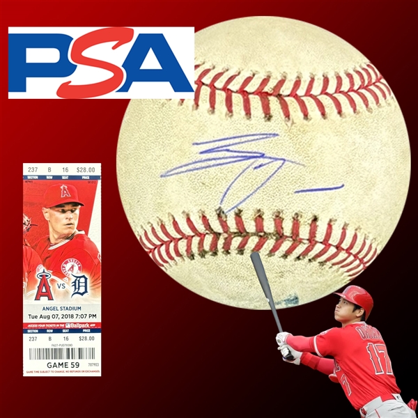 Shohei Ohtani Game Used & Signed OML Baseball :: Used 8-7-2018 w/ Full Game Ticket - Ohtani ROOKIE YEAR - 12th Career HR & 3 RBI Game!(MLB Holo & PSA/DNA)