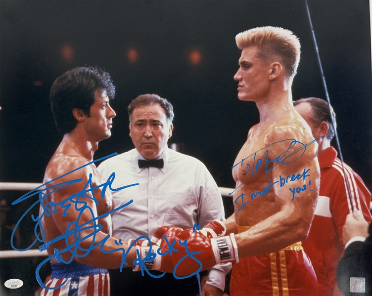Sylvester Stallone & Dolph Lundgren Signed "Rocky IV" 16x20 with "Rocky" and "I Must Break You" Inscriptions (JSA LOA & ASI COA)