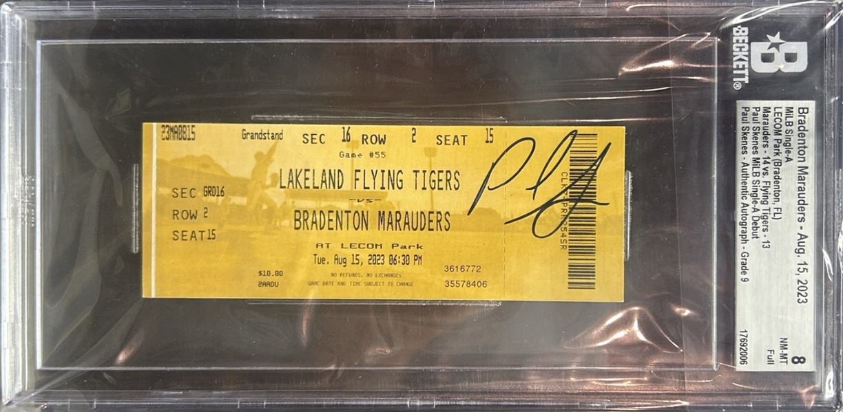 Paul Skenes Signed Single-A Debut Ticket (MiLB/Pro Debut) from August 15, 2023 - Skenes 2Ks (Beckett/BAS Encapsulated)